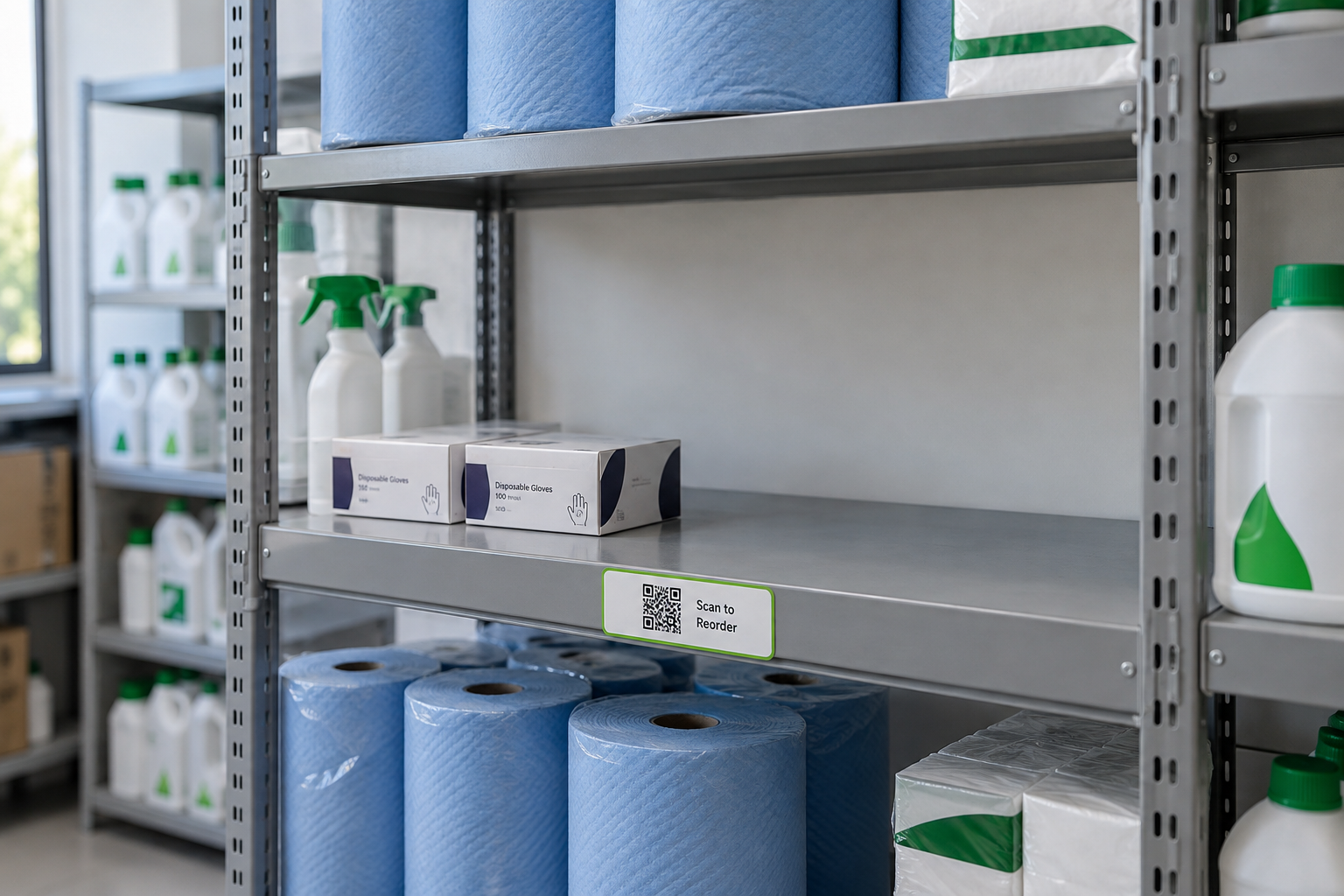 Business stockroom shelves with consumables and a QR label beside the remaining glove boxes